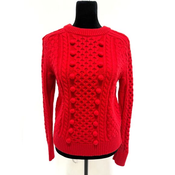 J. Crew Sweaters - J crew red cable knit pom pom detail wool blend crewneck sweater